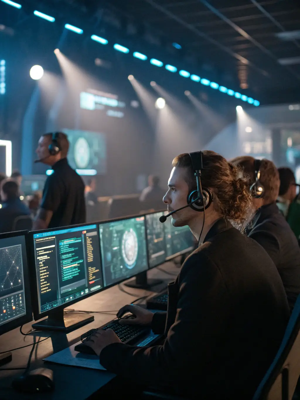 A professional call center environment with agents using headsets, combined with a digital overlay showing AI processing voice data in real-time.