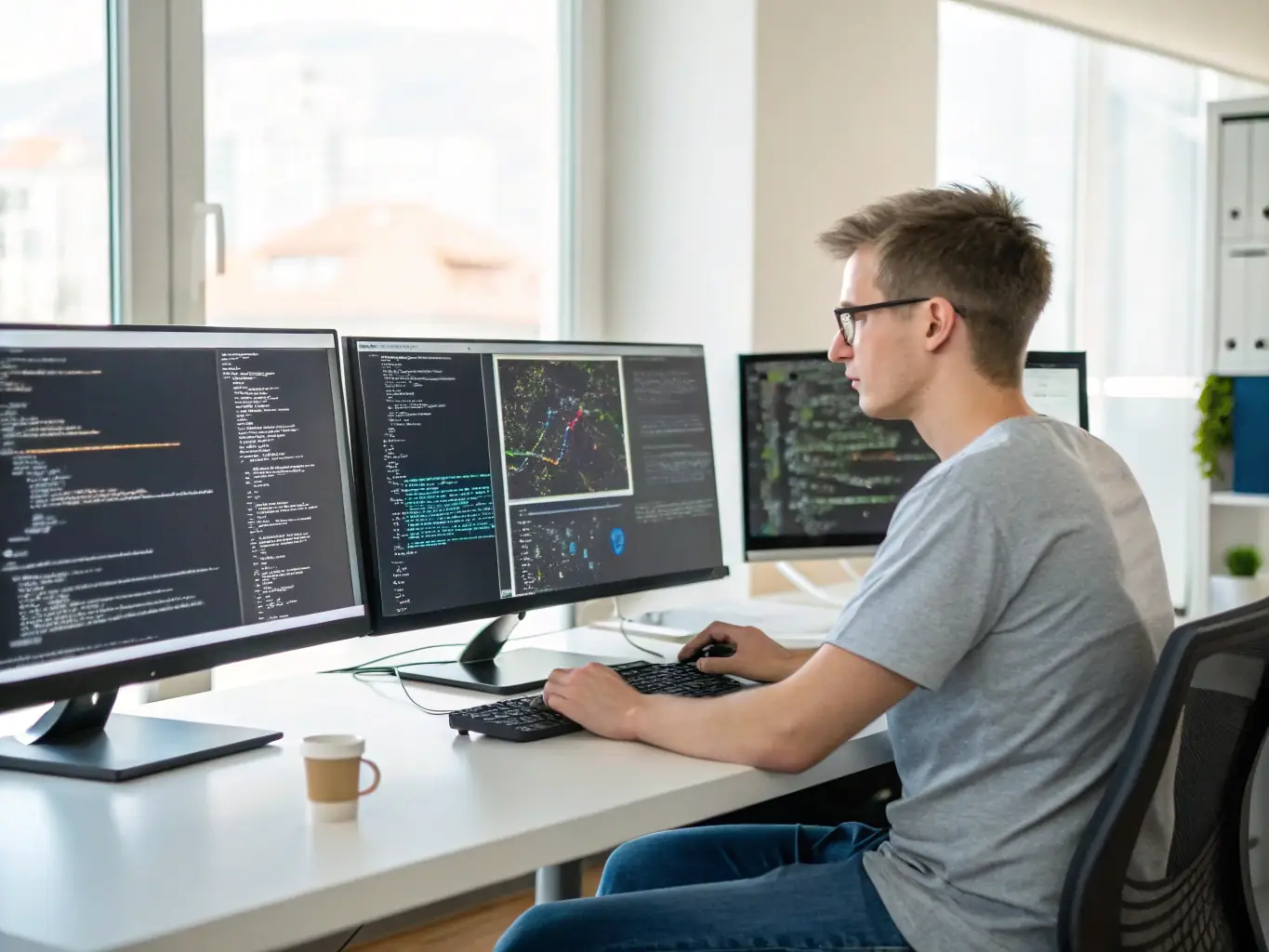 A software tester running automated tests on a communication platform, ensuring reliability and performance under various conditions.