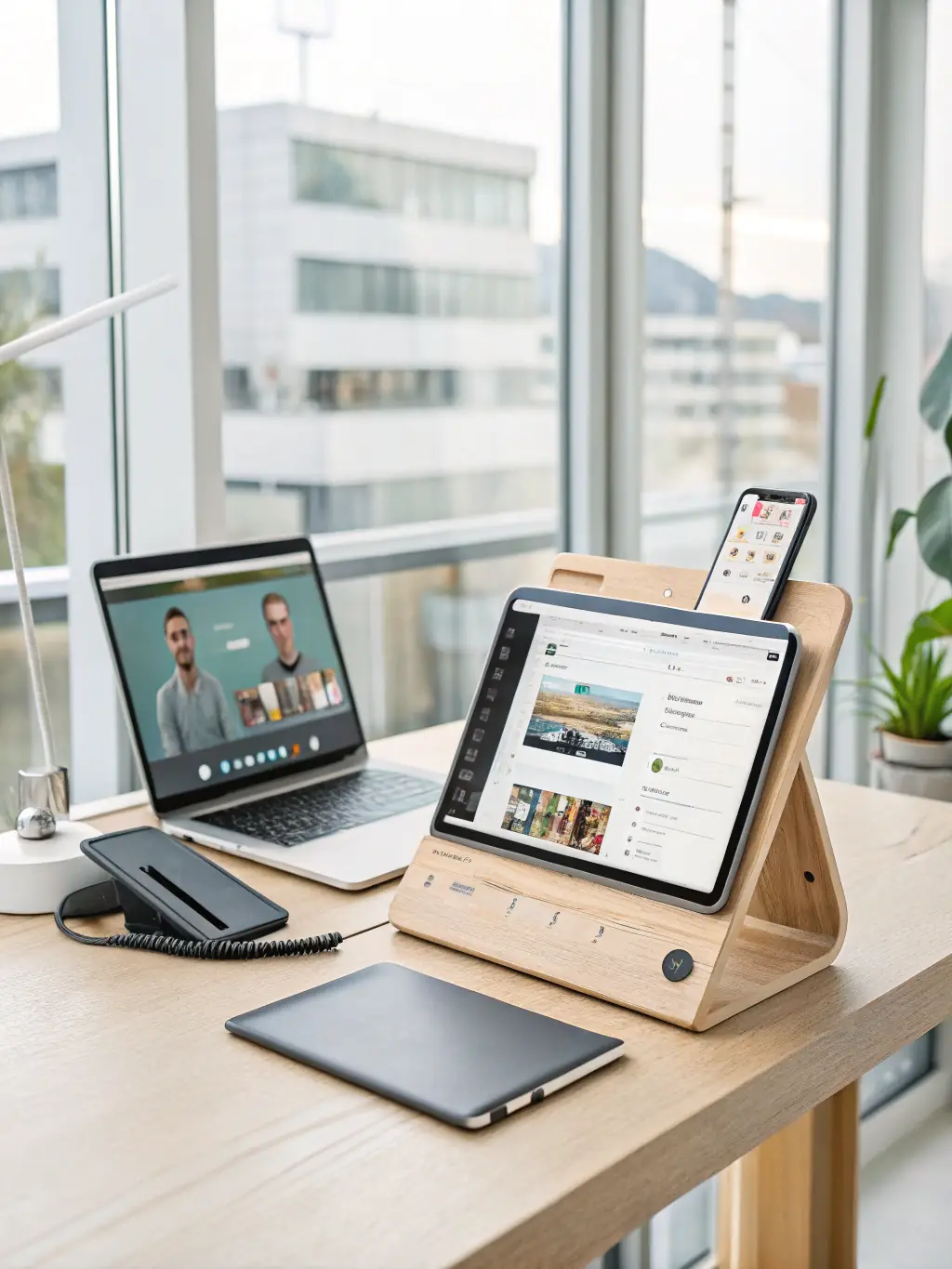 A professional workspace showing diverse communication channels on multiple devices, emphasizing seamless integration.