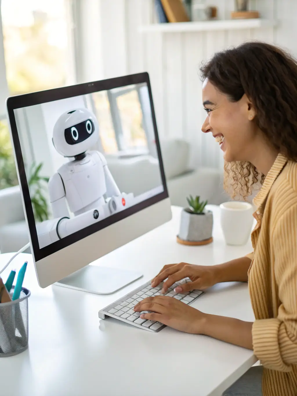 A professional, friendly-looking AI sales bot interacting with a customer on a website chat interface, assisting with product selection and answering questions.